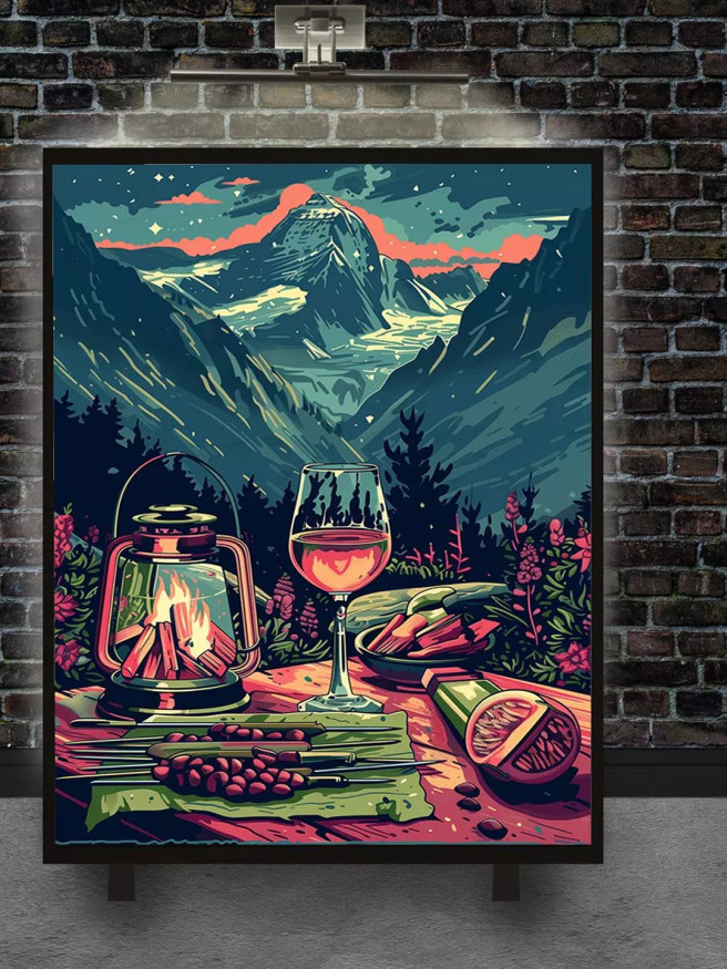 Holstga bosilgan poster &amp;quot;Togʻlarda gulxan yonida kechki ovqat&amp;quot;