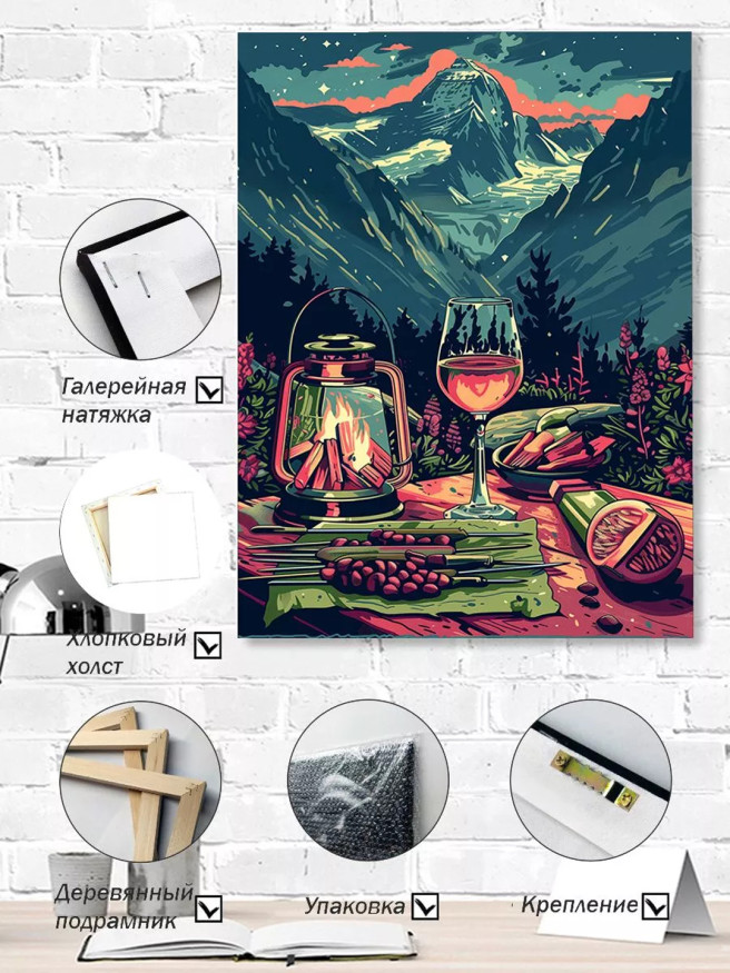 Holstga bosilgan poster &amp;quot;Togʻlarda gulxan yonida kechki ovqat&amp;quot;