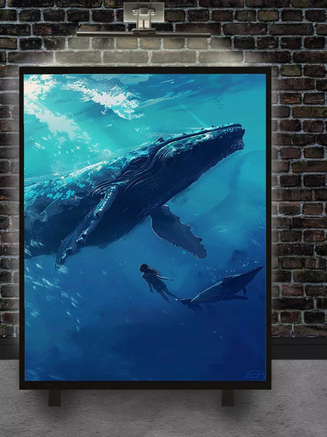 Holstga bosilgan poster &amp;quot;Okean tubida kitlar va suv parisi&amp;quot;