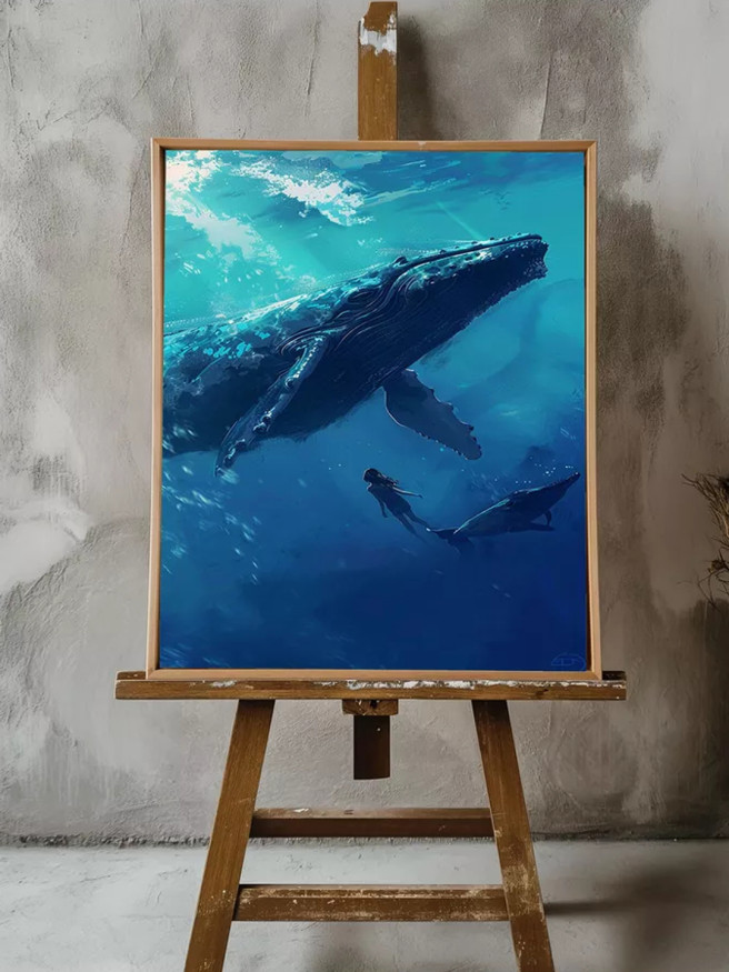 Holstga bosilgan poster &amp;quot;Okean tubida kitlar va suv parisi&amp;quot;