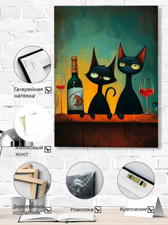 Holstga bosilgan poster &amp;quot;Ikki qora mushuk va qizil vino&amp;quot;