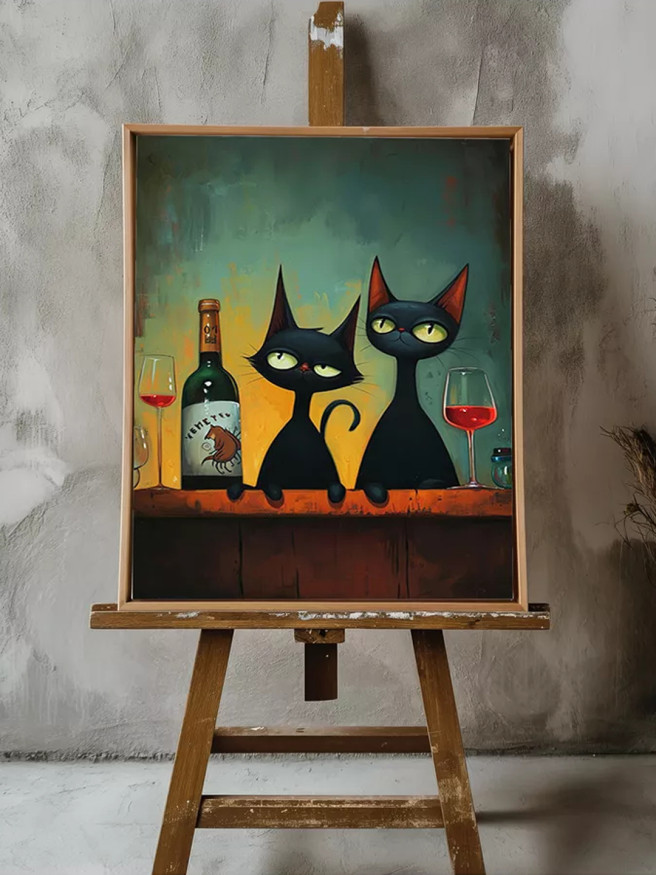 Holstga bosilgan poster &amp;quot;Ikki qora mushuk va qizil vino&amp;quot;