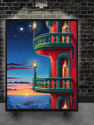 Holstga bosilgan poster "Quyosh botishi va yulduzlar ostidagi balkon"