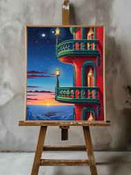 Holstga bosilgan poster "Quyosh botishi va yulduzlar ostidagi balkon"