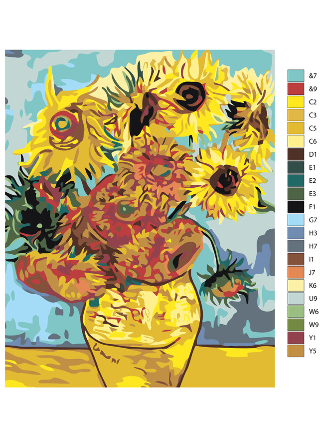 Raqamlar bo&amp;#039;yicha rasm &amp;quot;Vinsent Van Gog - O&amp;#039;n ikki kungaboqar bilan vaza&amp;quot;