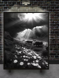 Holstga bosilgan poster &quot;Qoyalardan tushgan yorug‘lik va sigirlar&quot;