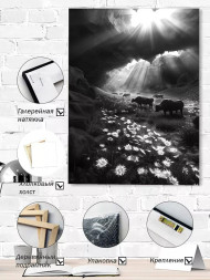 Holstga bosilgan poster &quot;Qoyalardan tushgan yorug‘lik va sigirlar&quot;