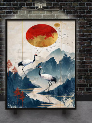 Holstga bosilgan poster &quot;Quyosh fonidagi yapon turnalari&quot;