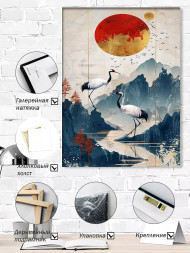 Holstga bosilgan poster &quot;Quyosh fonidagi yapon turnalari&quot;