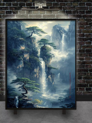 Holstga bosilgan poster "Tumanli daradagi sharsharalar"