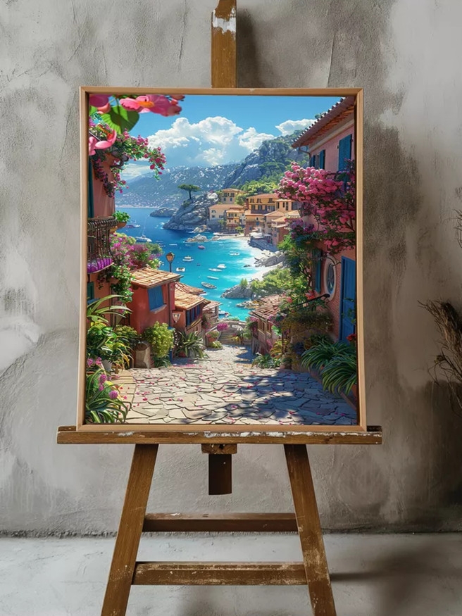 Постер на холсте &amp;quot;Улочка у моря в цветах&amp;quot;