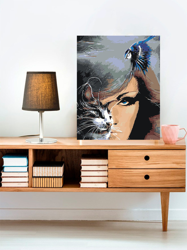 Raqamlar bo&amp;#039;yicha rasm &amp;quot;Mushuk va qush bilan qiz&amp;quot;