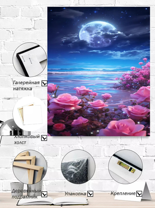 Постер на холсте &amp;quot;Лунный берег с розами&amp;quot;