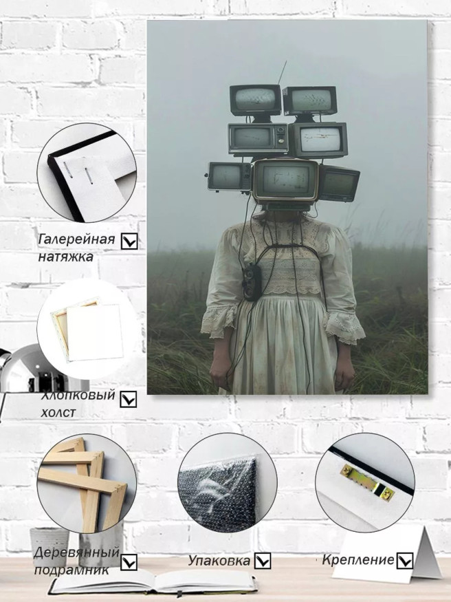 Постер на холсте &amp;quot;Девочка с головой из телевизоров&amp;quot;