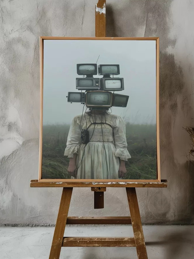 Постер на холсте &amp;quot;Девочка с головой из телевизоров&amp;quot;