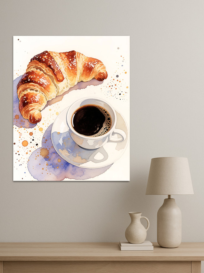 Постер на холсте &amp;quot;Кофе и круассан в акварели&amp;quot;