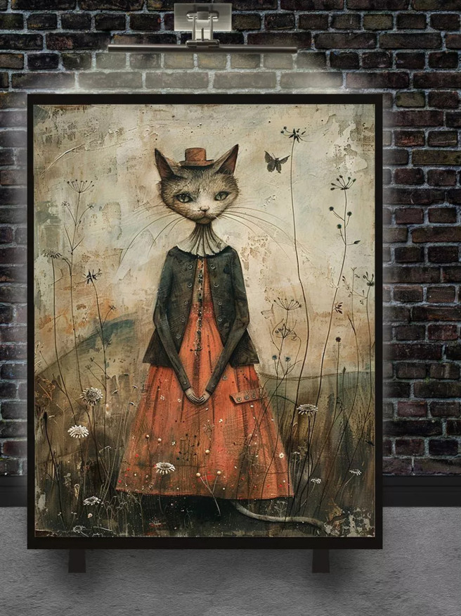 Holstga bosilgan poster &amp;quot;Qishloq libosidagi mushuk&amp;quot;