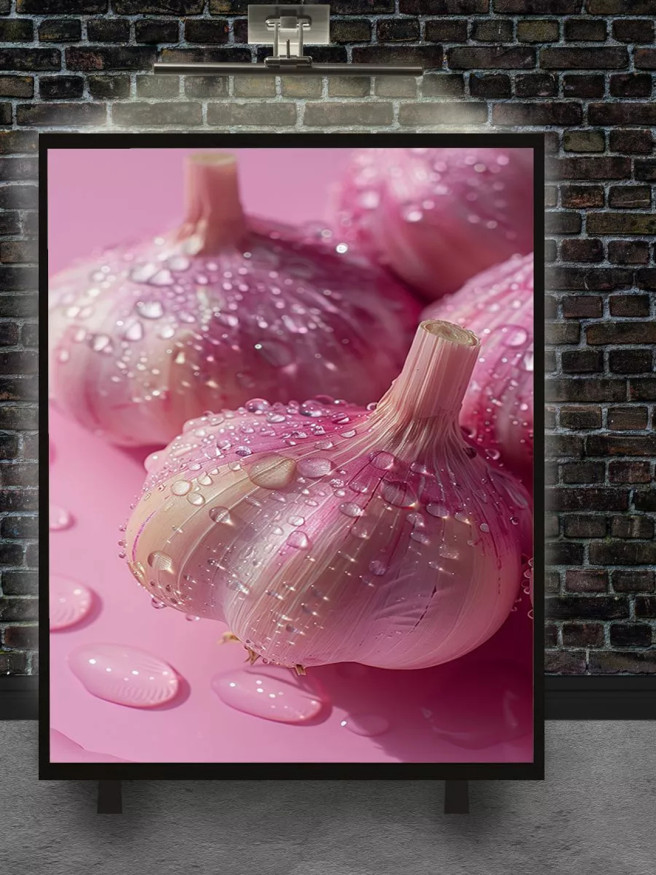 Holstga bosilgan poster &amp;quot;Tomchilar bilan pushti sarimsoq&amp;quot;