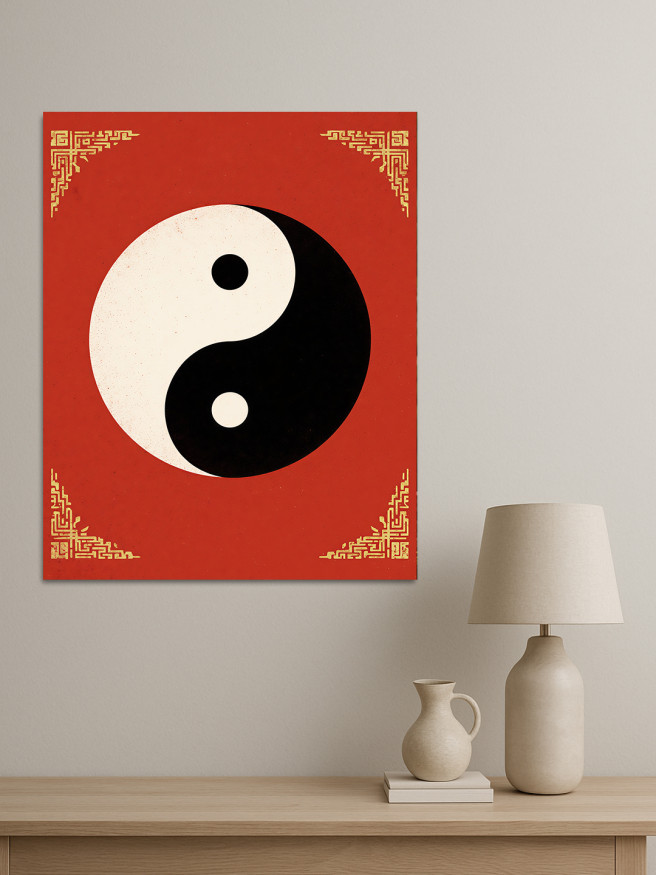 Holstga bosilgan poster &amp;quot;Qizil fondagi Yin va Yang&amp;quot;