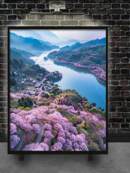Holstga bosilgan poster "Daryo bo‘yidagi sakura vodiysi"