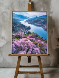 Holstga bosilgan poster "Daryo bo‘yidagi sakura vodiysi"