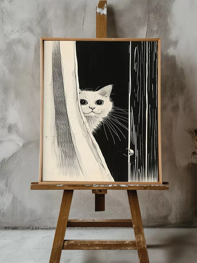 Постер на холсте &amp;quot;Любопытный кот за шторой&amp;quot;