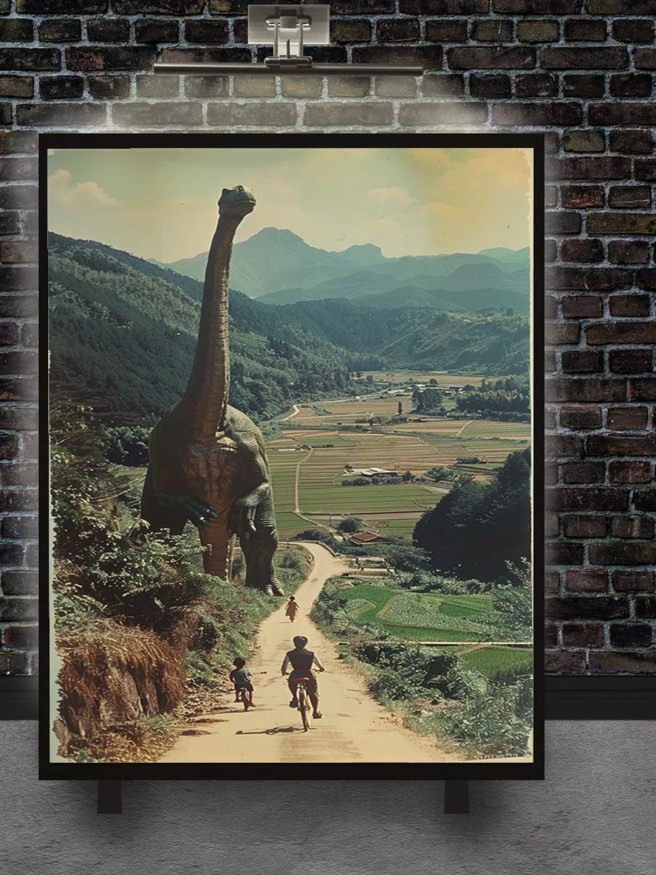 Постер на холсте &amp;quot;Динозавр на деревенской дороге&amp;quot;