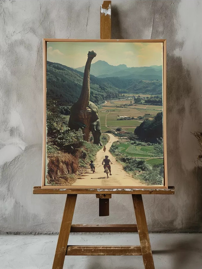 Постер на холсте &amp;quot;Динозавр на деревенской дороге&amp;quot;