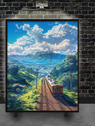 Holstga bosilgan poster "Yozgi tog‘lar orasidagi poyezd"
