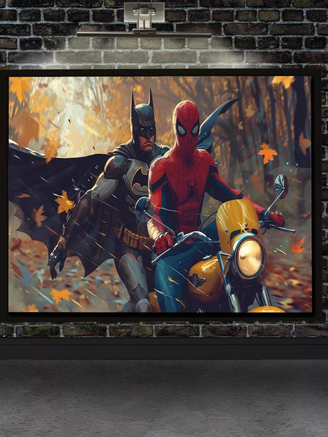 Постер на холсте &amp;quot;Бэтмен и Человек-паук на мотоцикле&amp;quot;