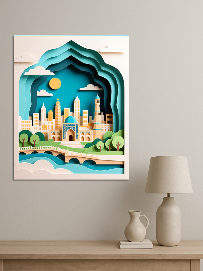 Holstga bosilgan poster &amp;quot;Daryo ustidagi shahar&amp;quot;