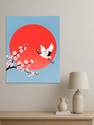 Holstga bosilgan poster &quot;Tongda turna va sakura&quot;