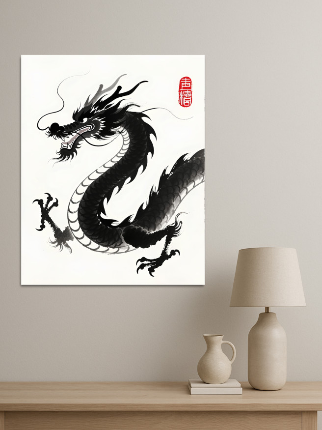 Holstga bosilgan poster &amp;quot;Xitoy uslubidagi qora ajdaho&amp;quot;