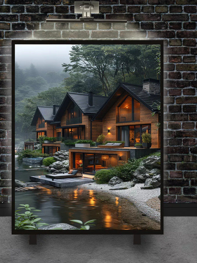 Постер на холсте &amp;quot;Уютные дома у лесной реки&amp;quot;