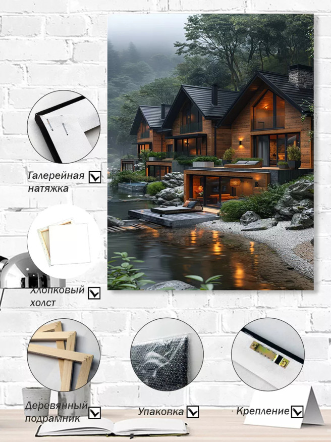 Постер на холсте &amp;quot;Уютные дома у лесной реки&amp;quot;