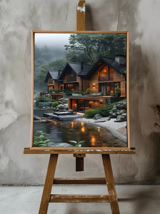 Постер на холсте &amp;quot;Уютные дома у лесной реки&amp;quot;