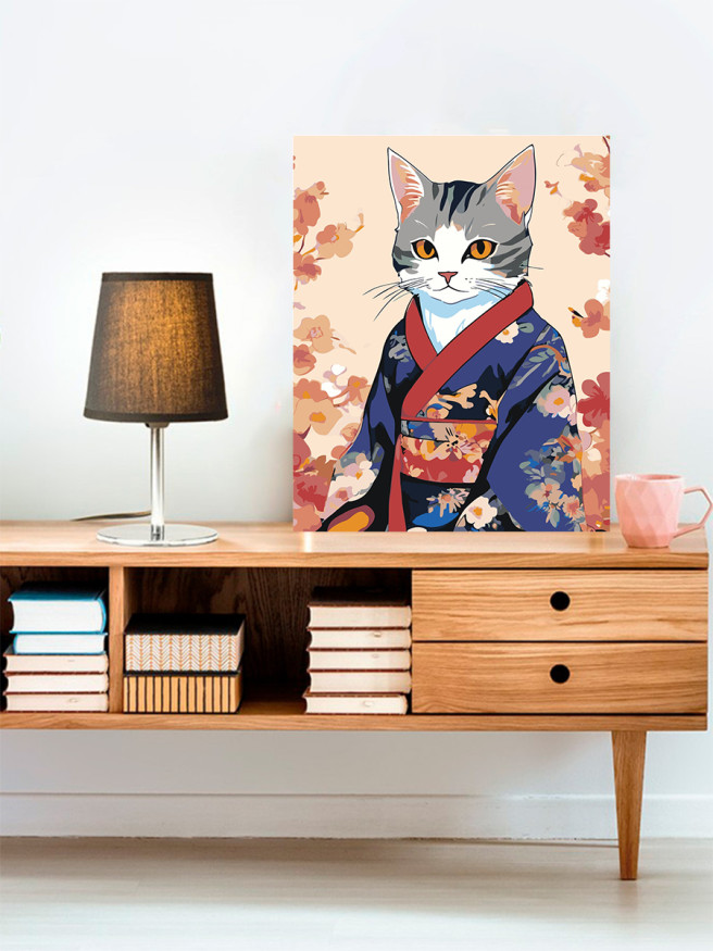 Картина по номерам &amp;quot;Котик с цветами в кимоно&amp;quot;