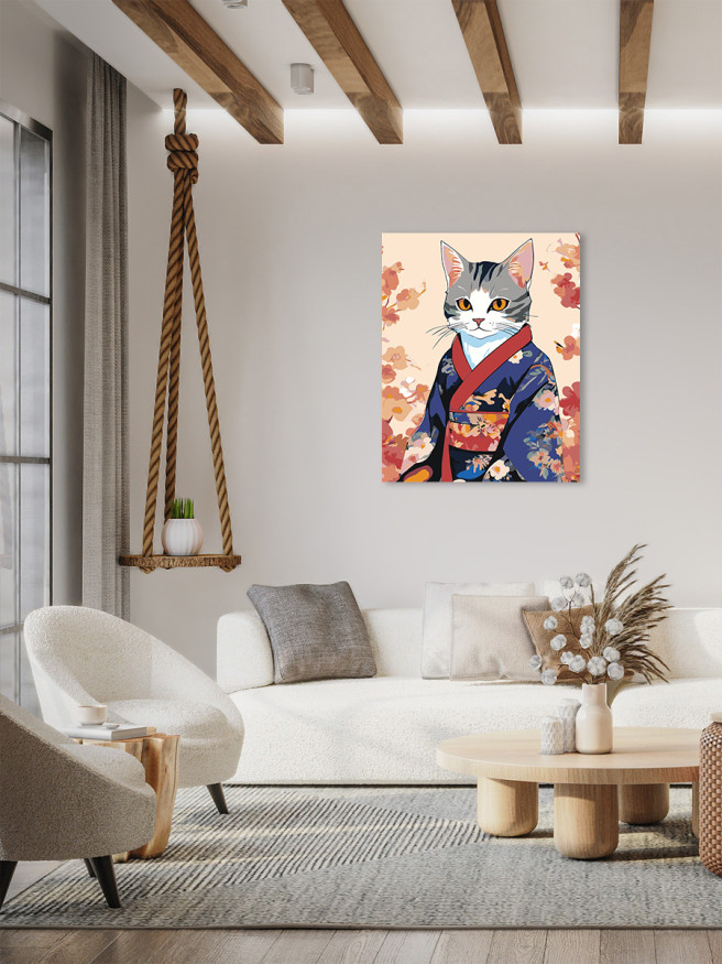 Картина по номерам &amp;quot;Котик с цветами в кимоно&amp;quot;