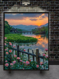 Постер на холсте &amp;quot;Закат над розами и мостом&amp;quot;