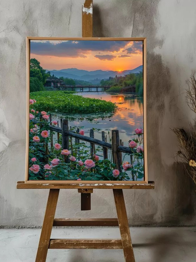 Постер на холсте &amp;quot;Закат над розами и мостом&amp;quot;
