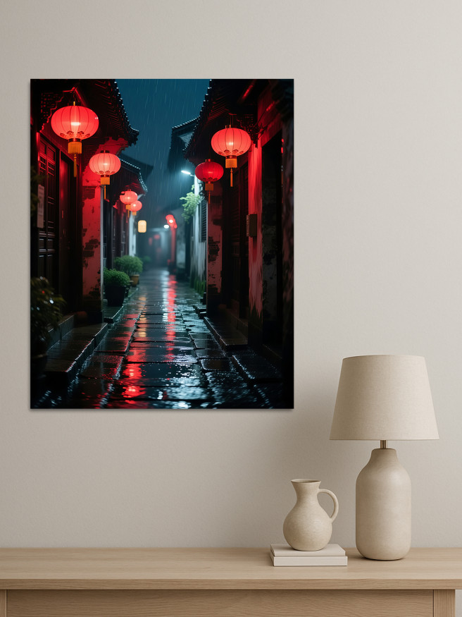 Holstga bosilgan poster &amp;quot;Yomg‘irdagi qizil chiroqlar ko‘chasi&amp;quot;