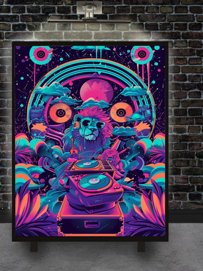 Постер на холсте &amp;quot;Диджей-лев в неоновом космосе&amp;quot;