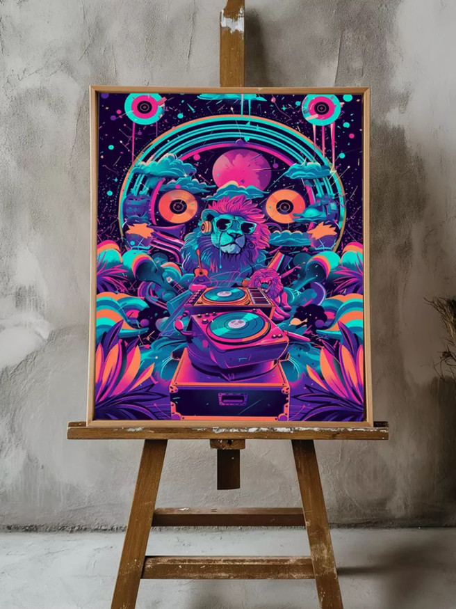Постер на холсте &amp;quot;Диджей-лев в неоновом космосе&amp;quot;