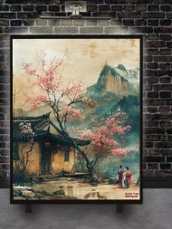 Holstga bosilgan poster &quot;Ibodatxona yonida sakura gullashi&quot;