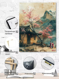 Holstga bosilgan poster &quot;Ibodatxona yonida sakura gullashi&quot;