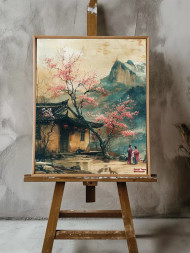 Holstga bosilgan poster &quot;Ibodatxona yonida sakura gullashi&quot;