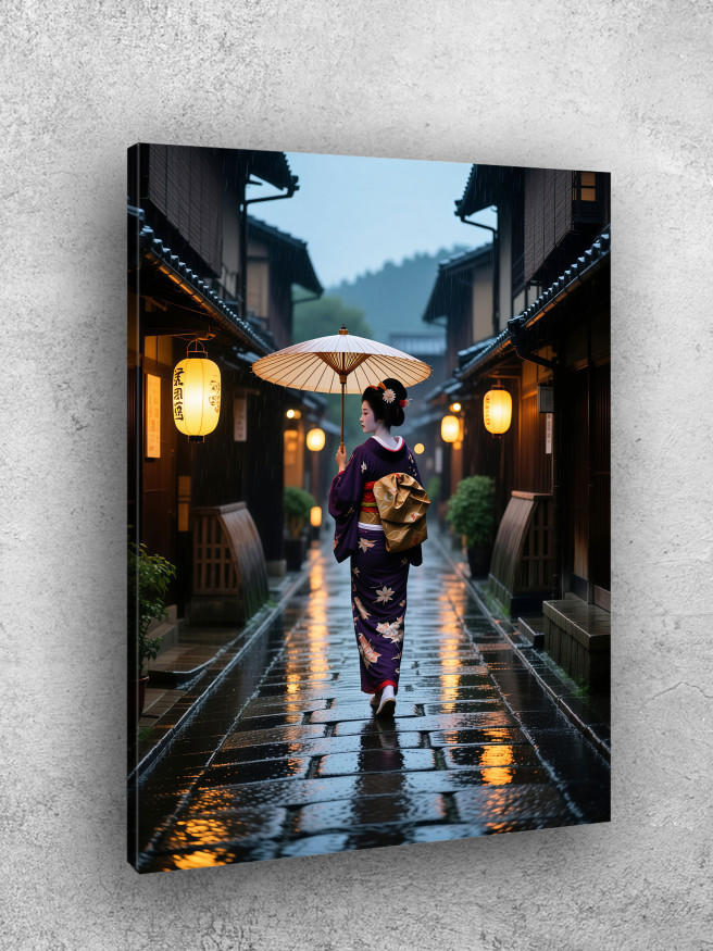 Постер на холсте &amp;quot;Гейша с зонтом под дождём&amp;quot;