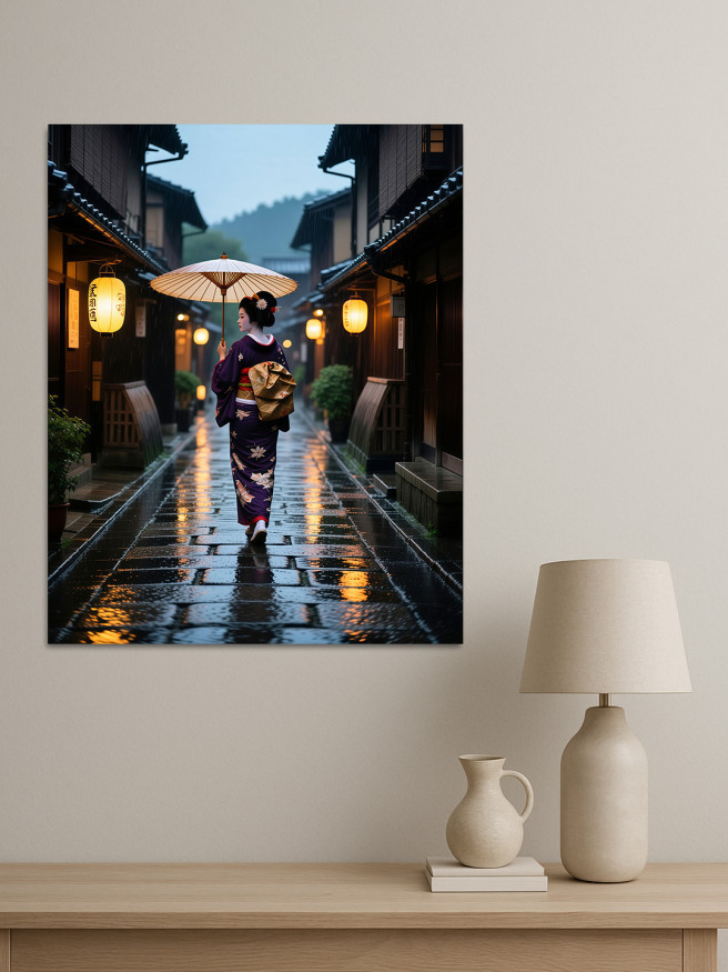 Постер на холсте &amp;quot;Гейша с зонтом под дождём&amp;quot;