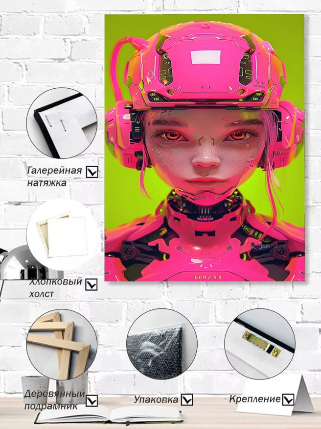 Постер на холсте &amp;quot;Кибер-девушка в розовом шлеме&amp;quot;