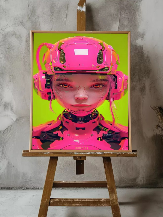 Постер на холсте &amp;quot;Кибер-девушка в розовом шлеме&amp;quot;